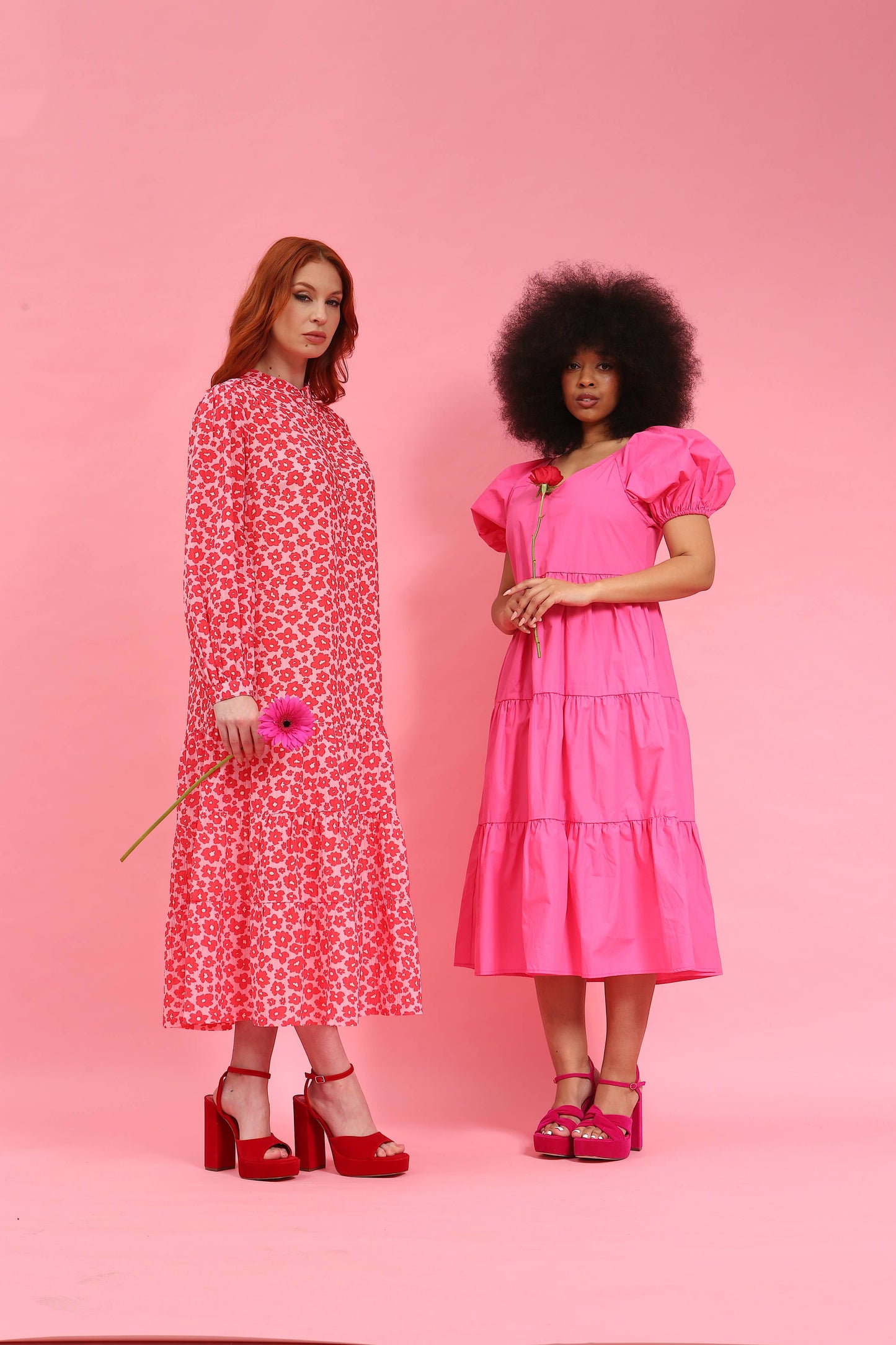 Red & Pink Floral Tiered Midi Dress