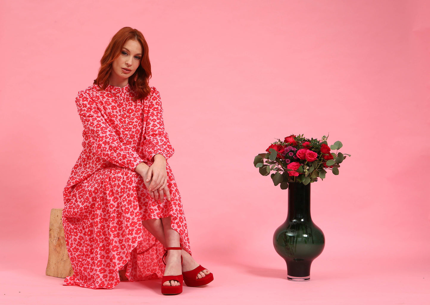 Red & Pink Floral Tiered Midi Dress