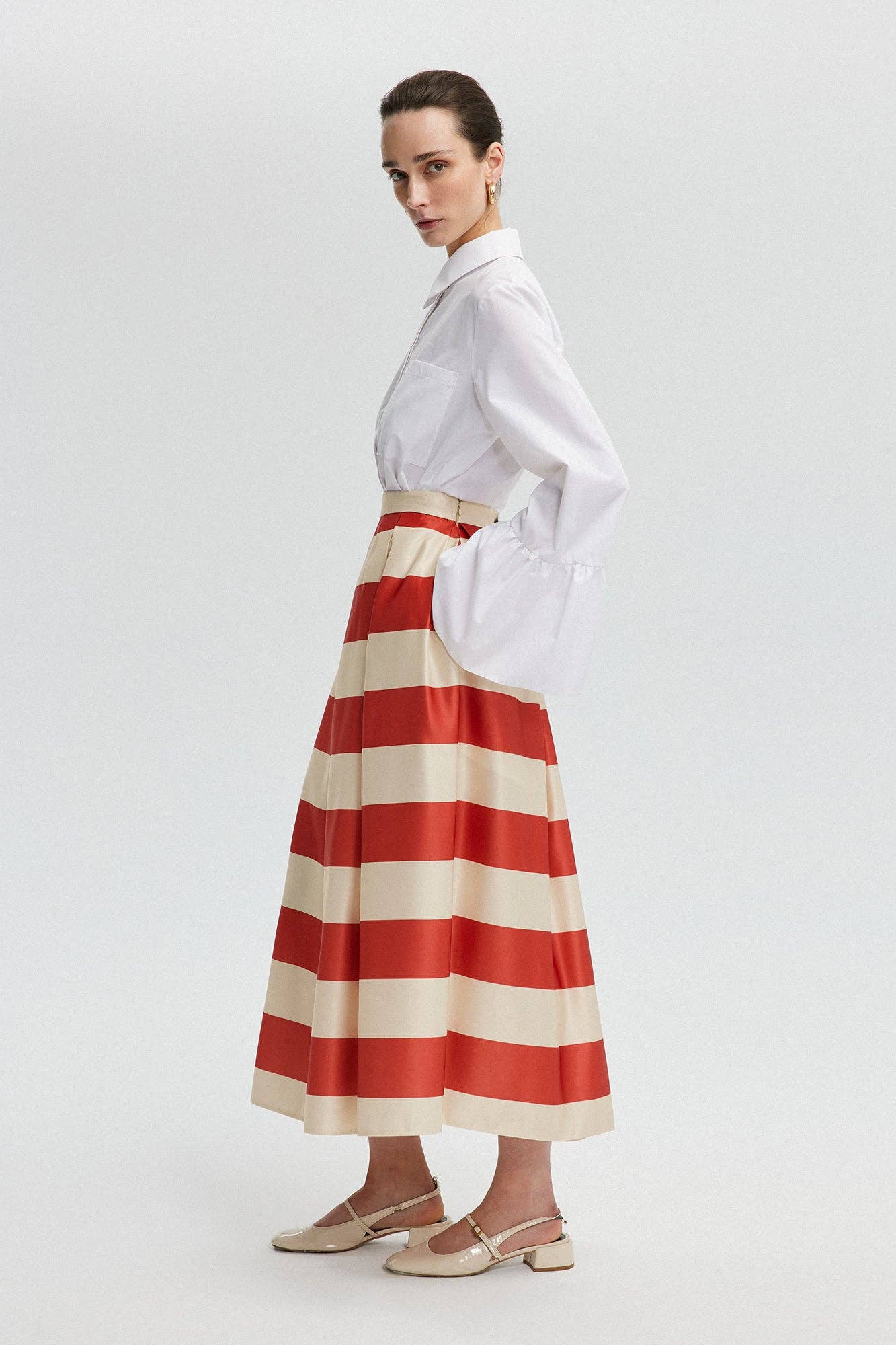 Striped Satin Flared Skirt - NAVY