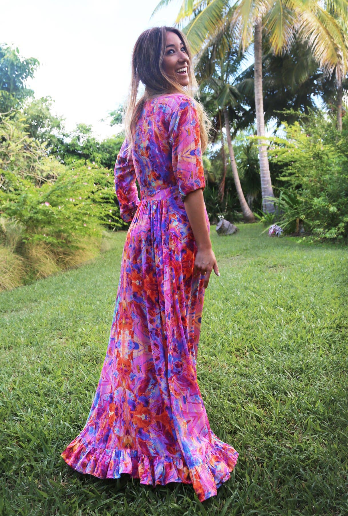 Pink Fire Maxi Ruffle Wrap Dress