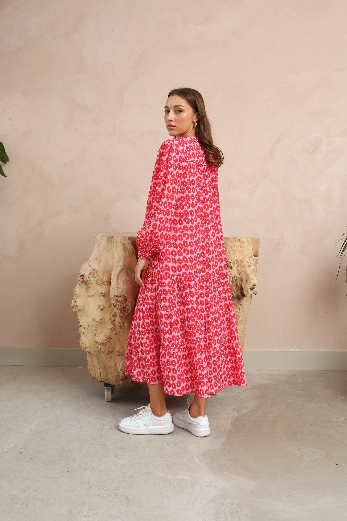 Red & Pink Floral Tiered Midi Dress