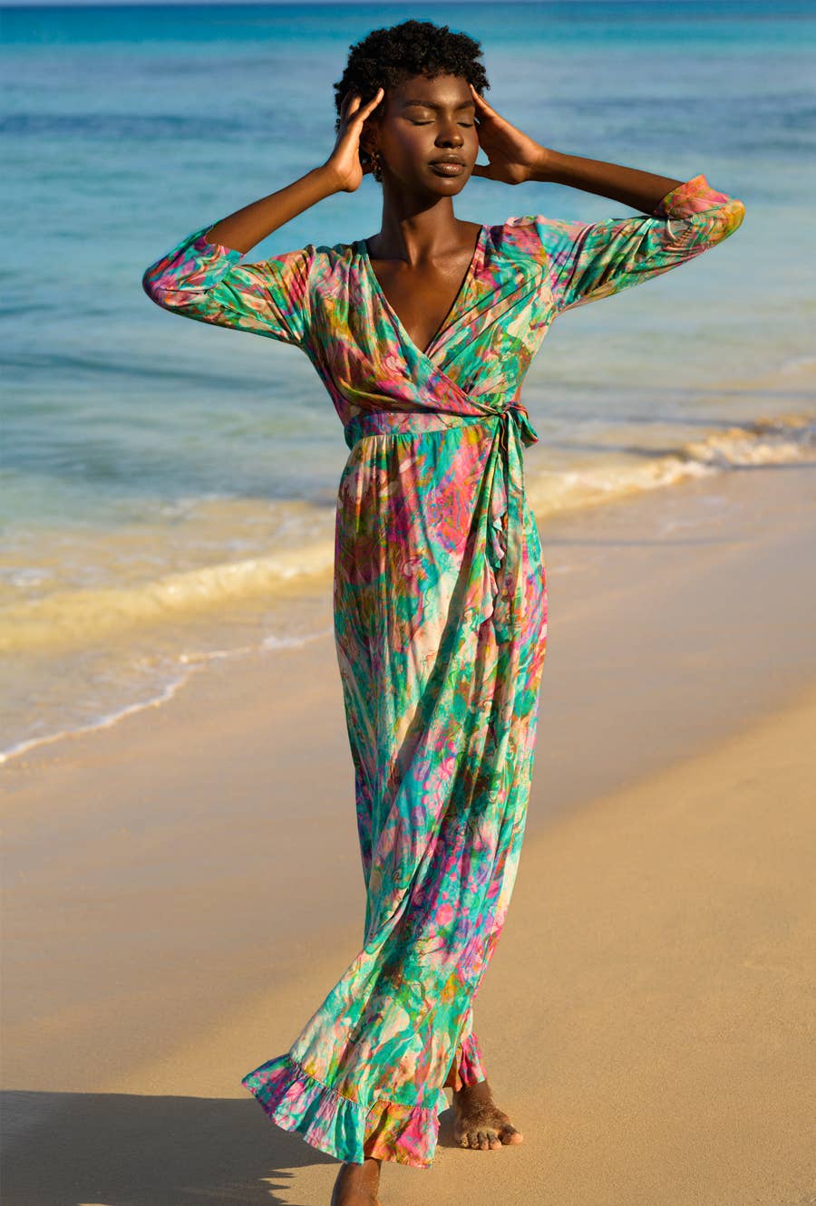Liquid Rainbow Maxi Ruffle Wrap Dress