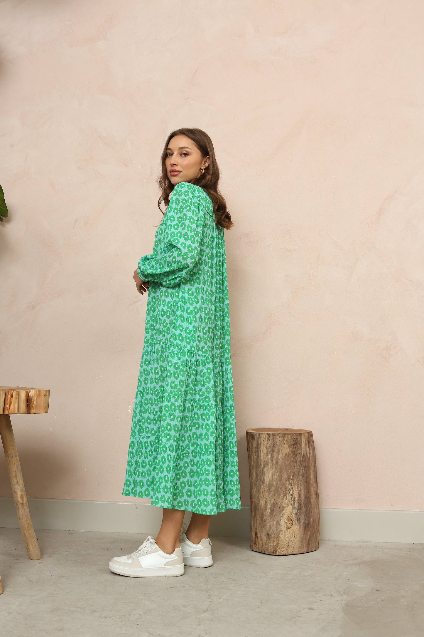 Green & Blue Floral Tiered Midi Dress