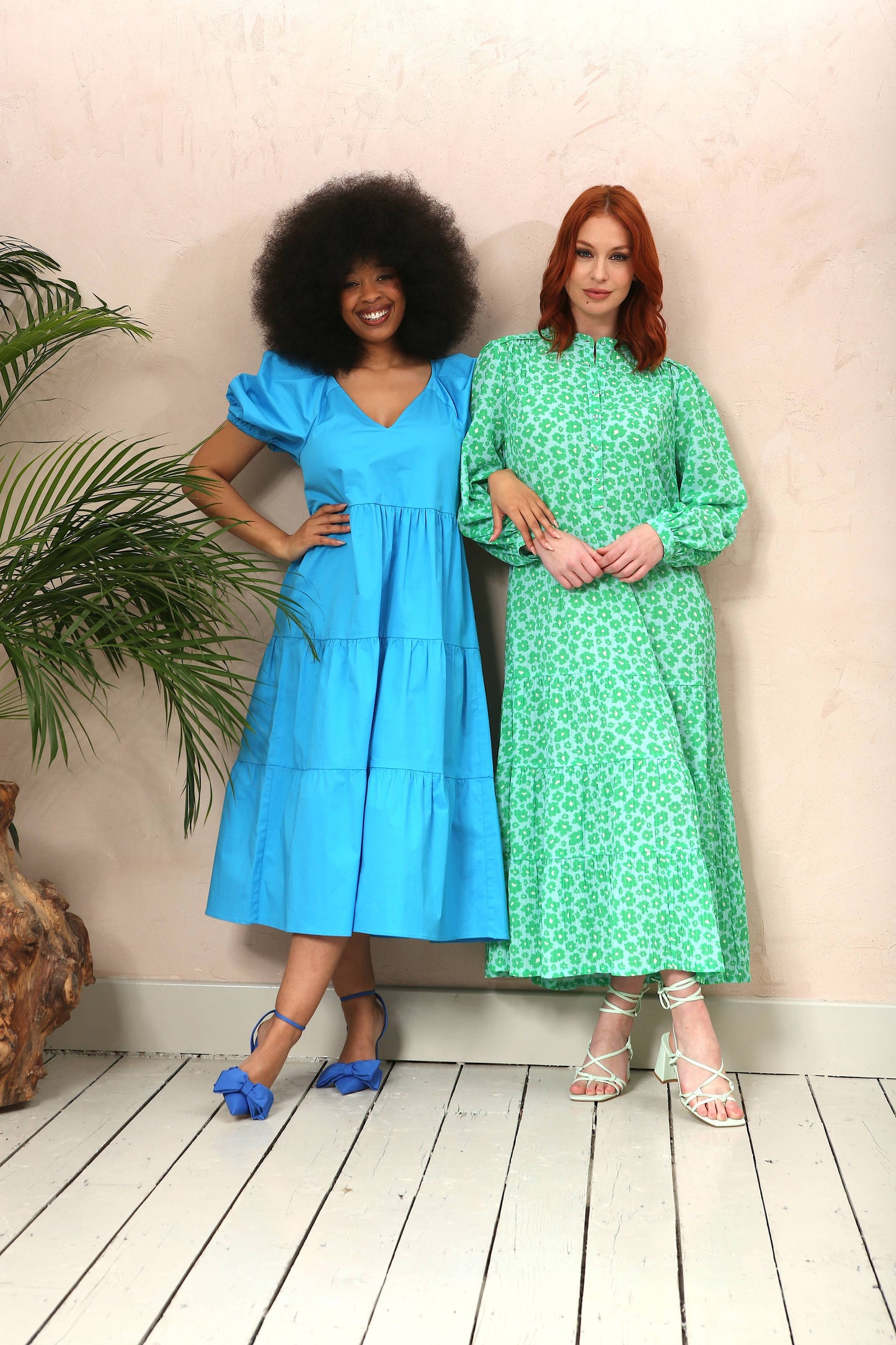 Green & Blue Floral Tiered Midi Dress