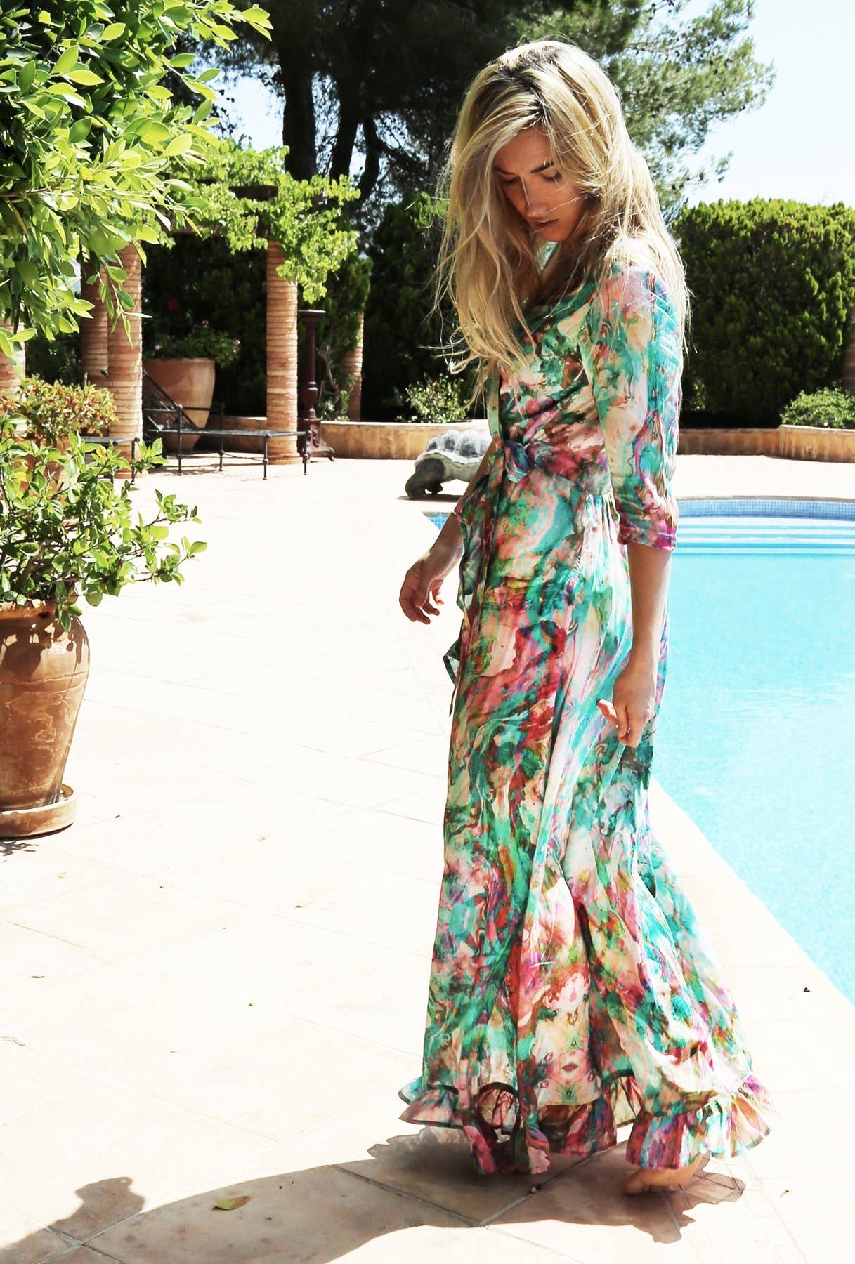 Liquid Rainbow Maxi Ruffle Wrap Dress