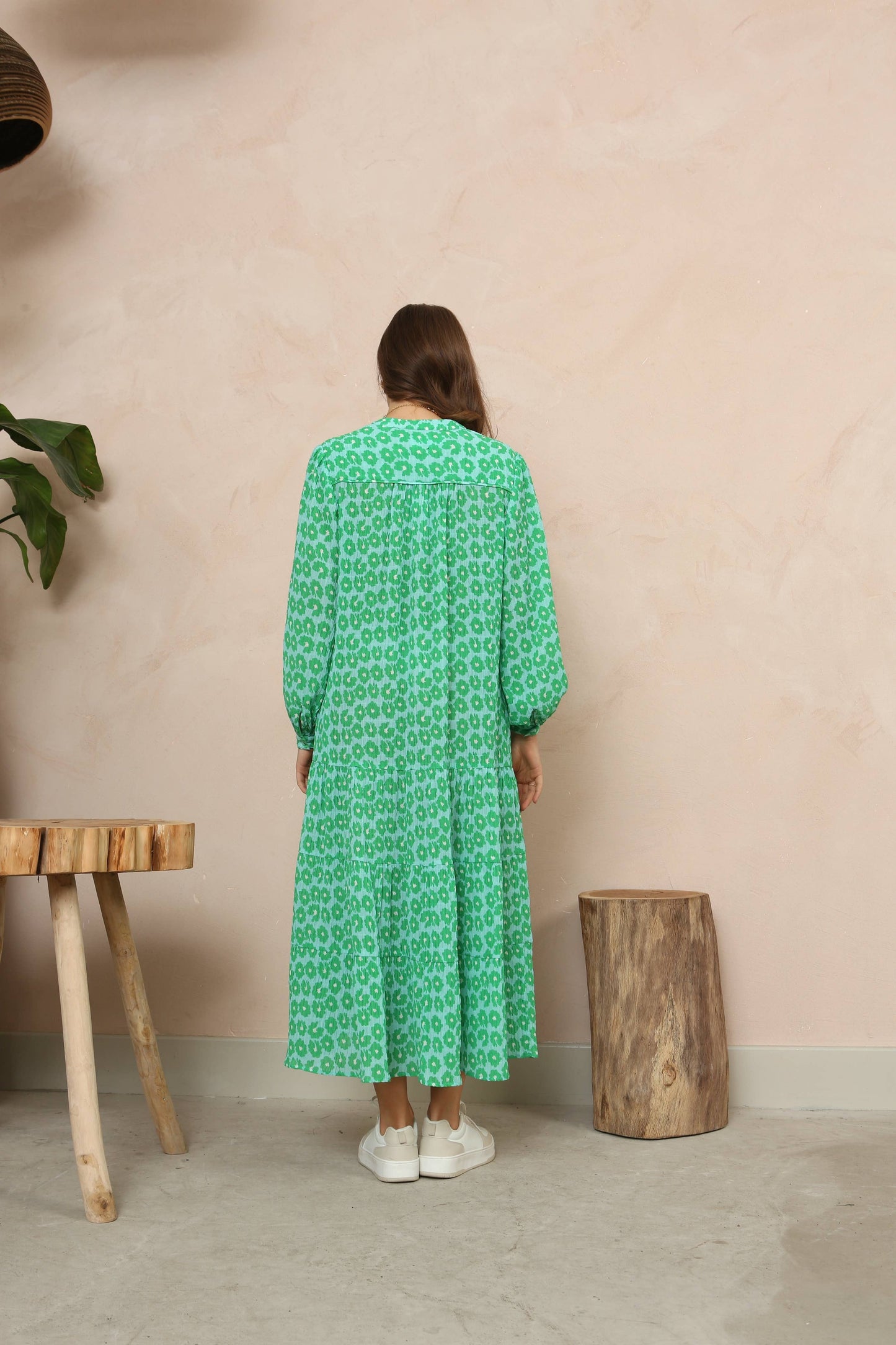 Green & Blue Floral Tiered Midi Dress