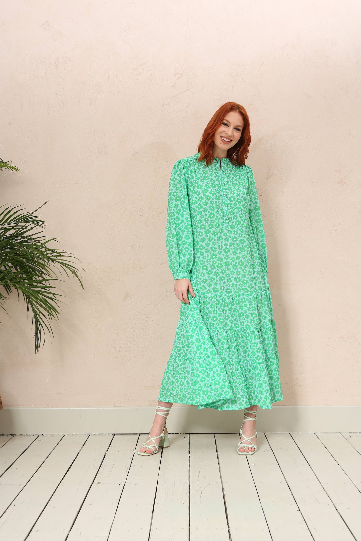 Green & Blue Floral Tiered Midi Dress