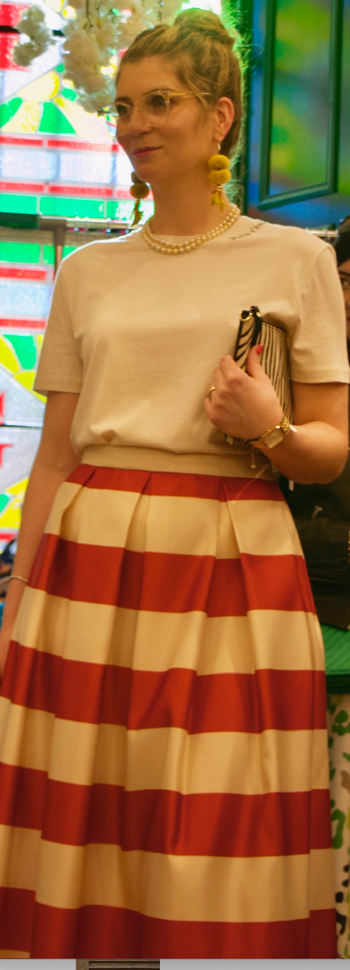 Striped Satin Flared Skirt - NAVY