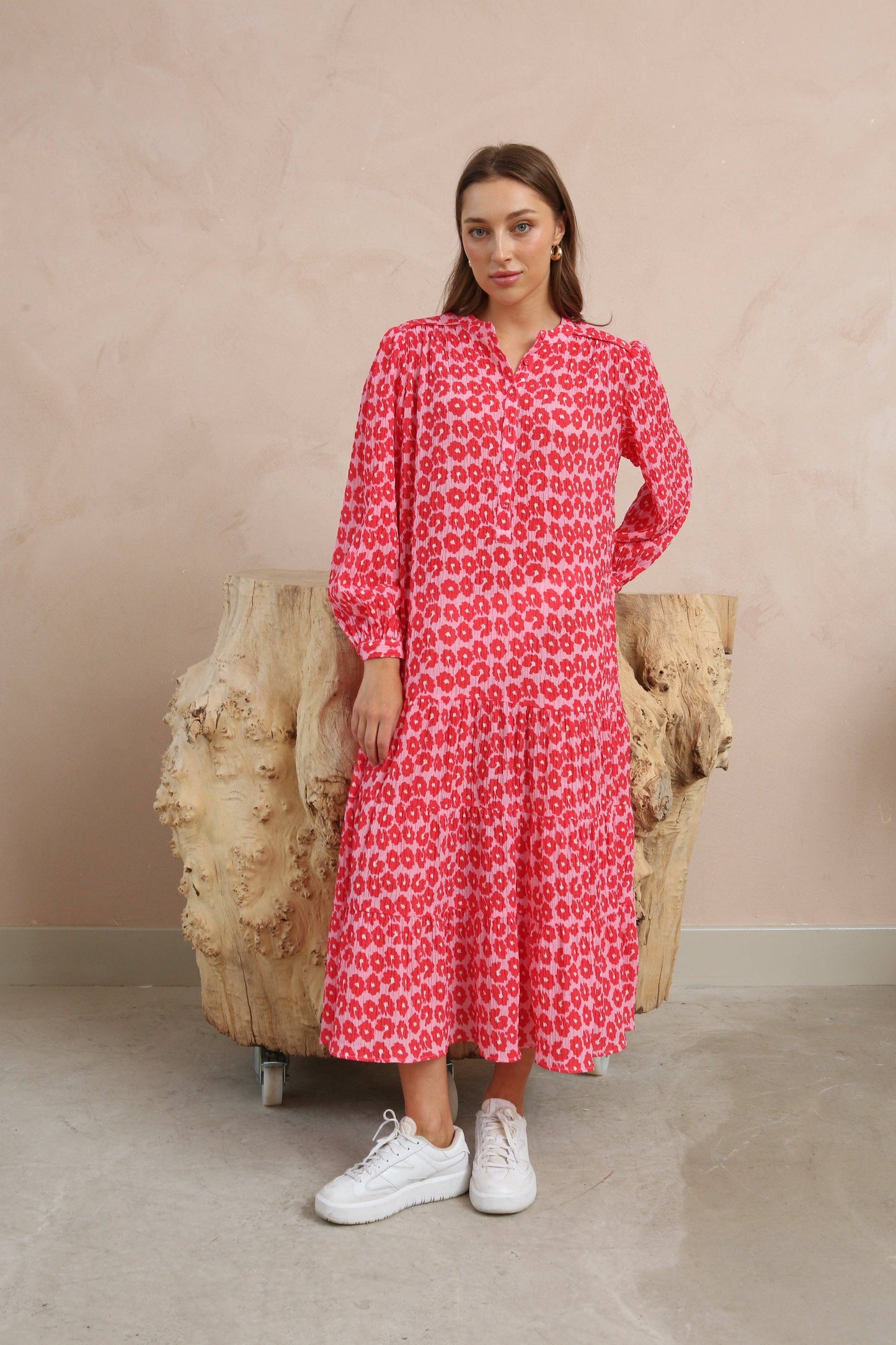 Red & Pink Floral Tiered Midi Dress