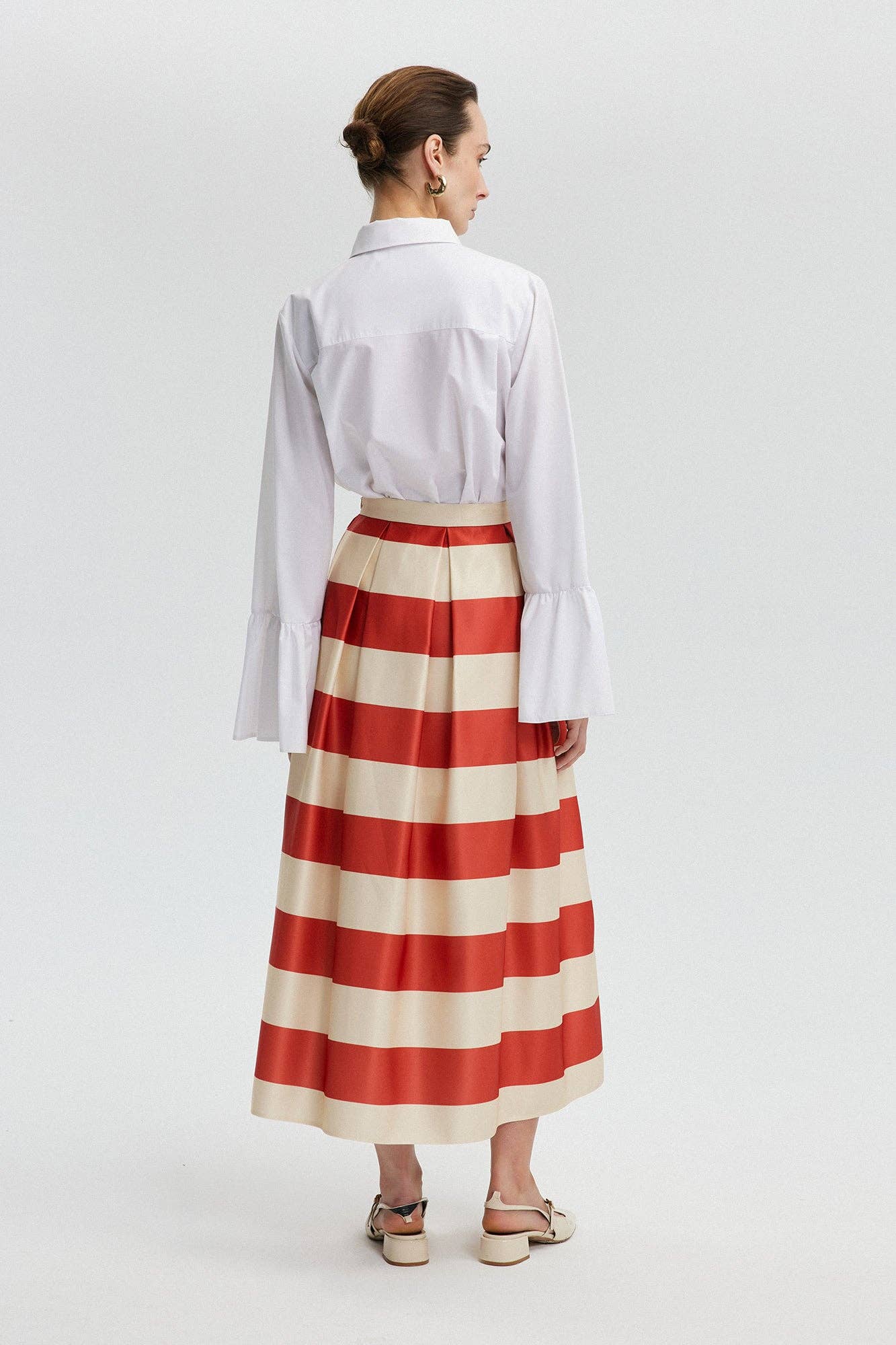 Striped Satin Flared Skirt - NAVY