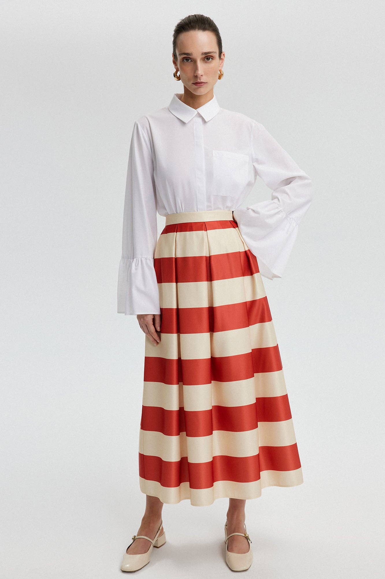 Striped Satin Flared Skirt - NAVY