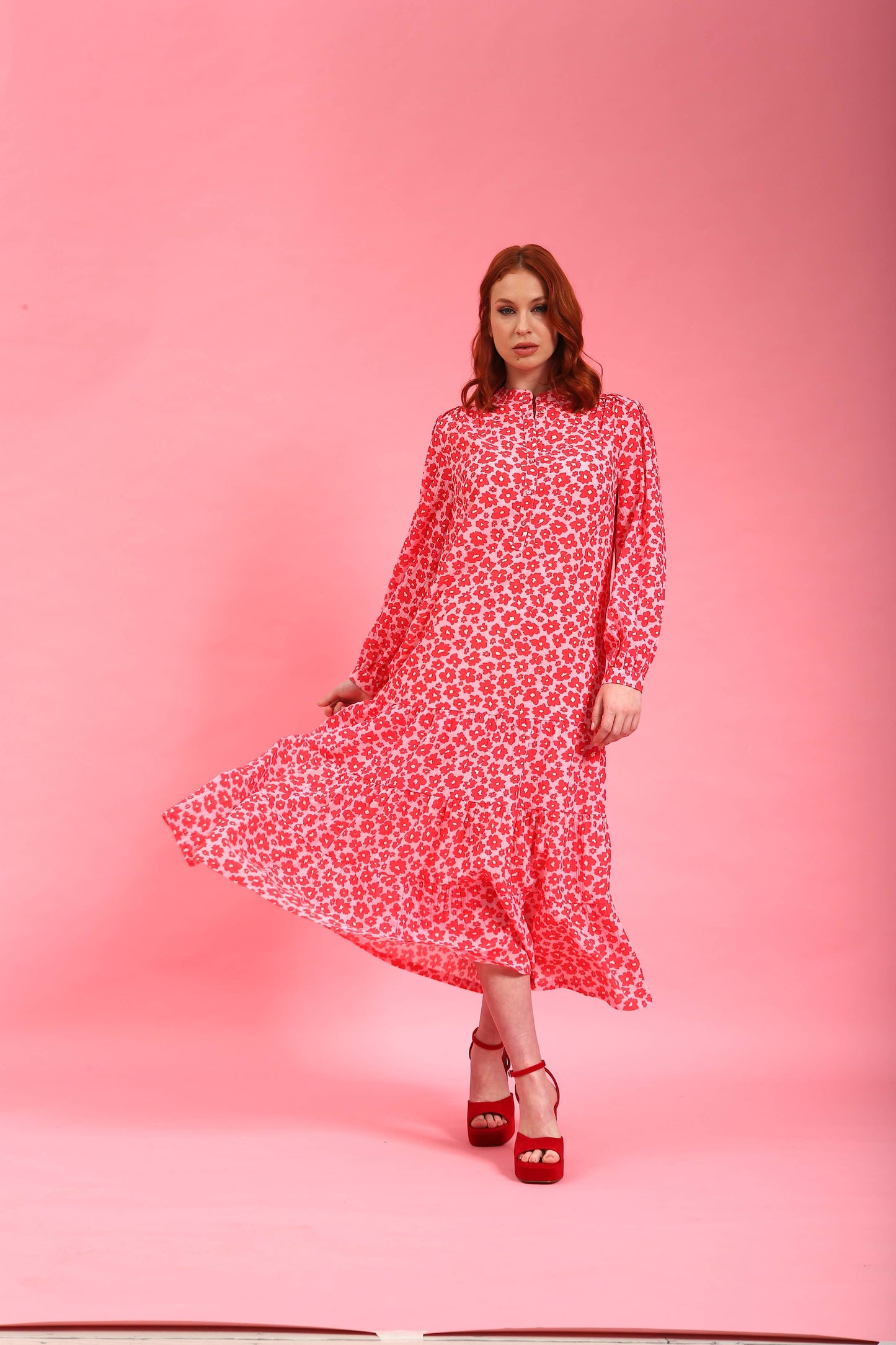 Red & Pink Floral Tiered Midi Dress