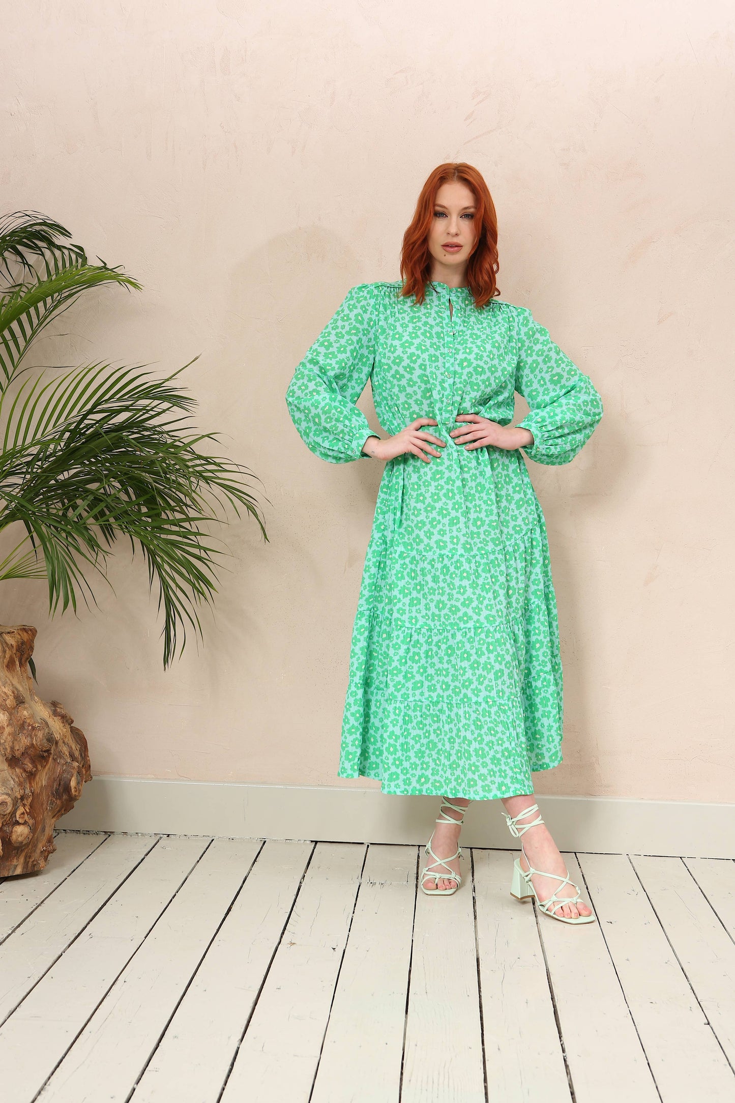 Green & Blue Floral Tiered Midi Dress