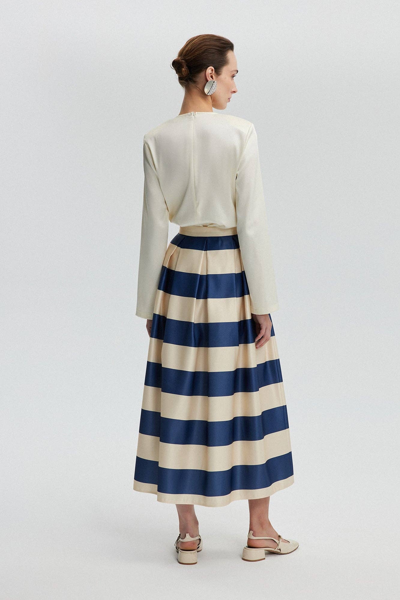 Striped Satin Flared Skirt - NAVY