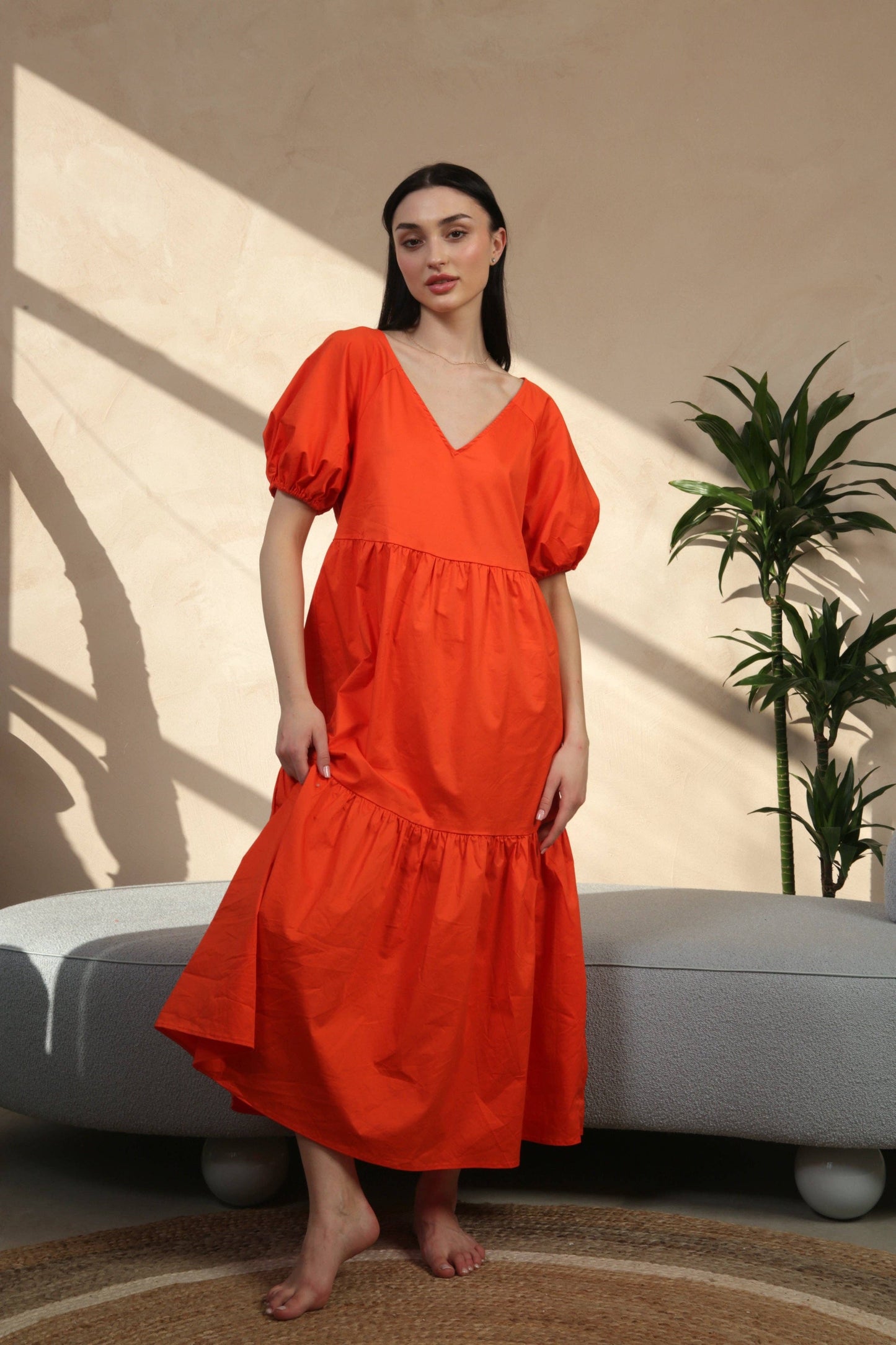 Orange Cotton Poplin Maxi Dress