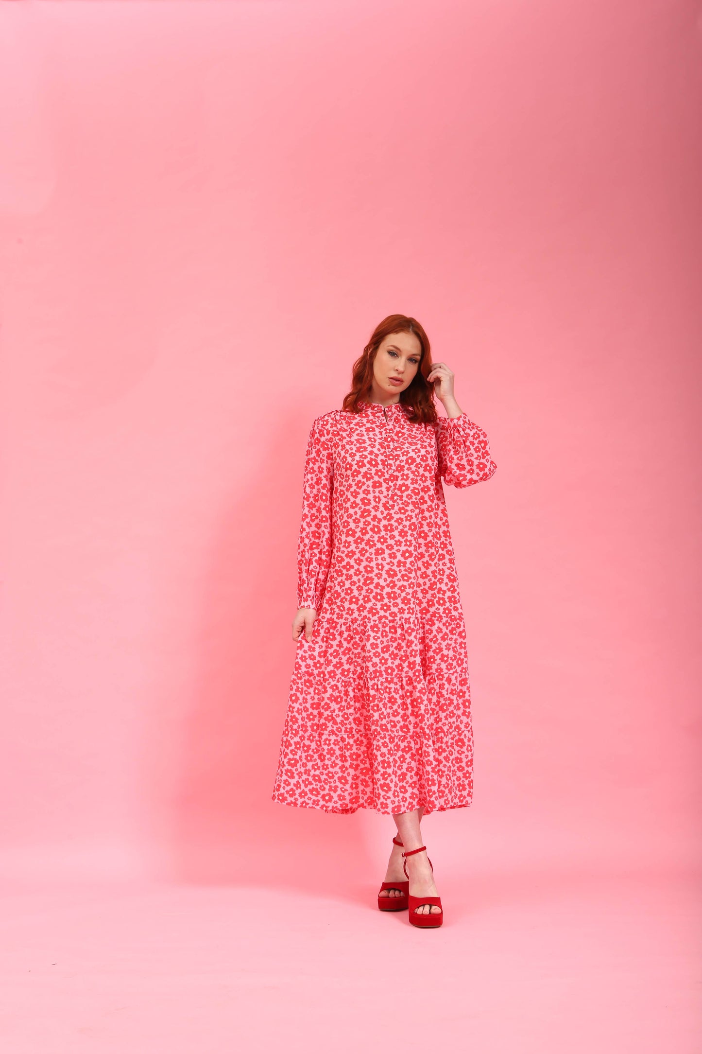 Red & Pink Floral Tiered Midi Dress