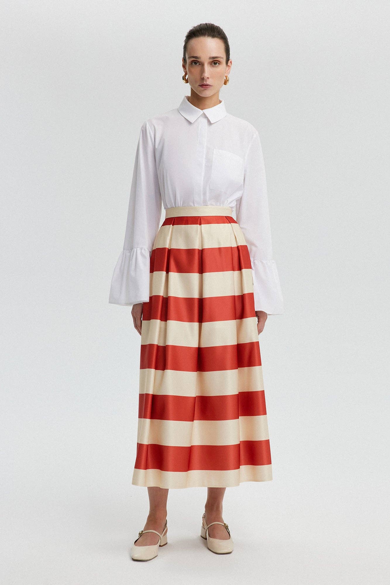 Striped Satin Flared Skirt - NAVY