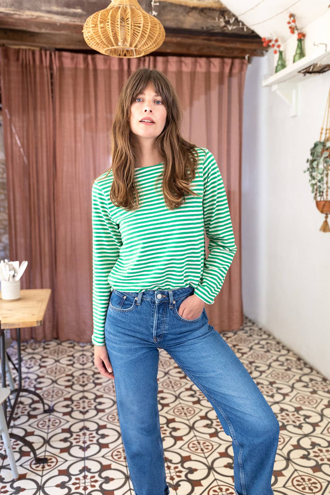 Green/Ecru Breton Stripe