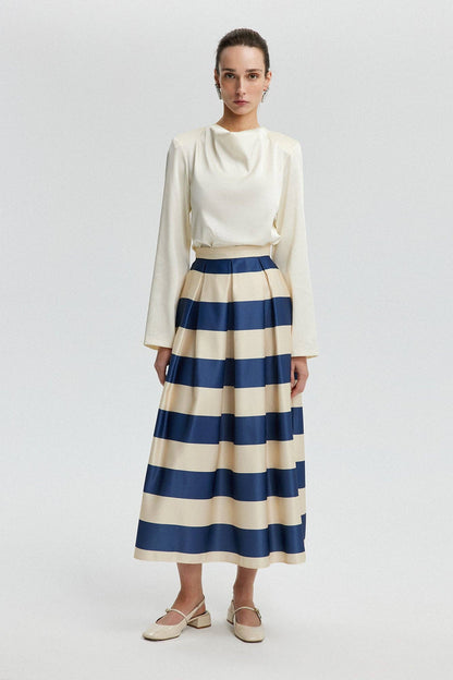 Striped Satin Flared Skirt - NAVY