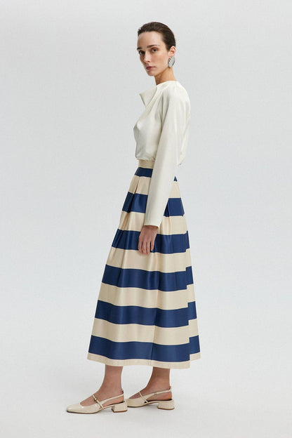 Striped Satin Flared Skirt - NAVY