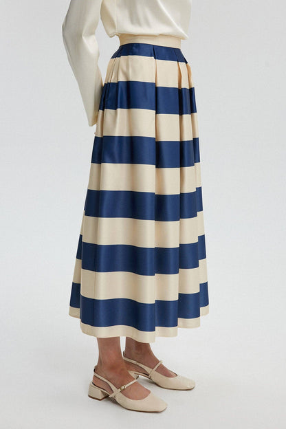 Striped Satin Flared Skirt - NAVY