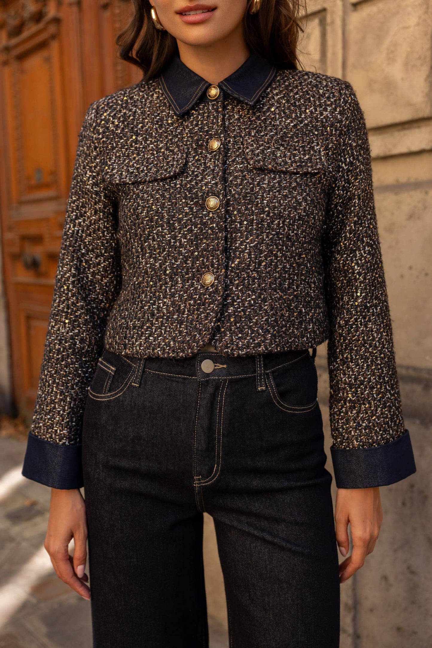 Tweed Jacket with Denim Detail