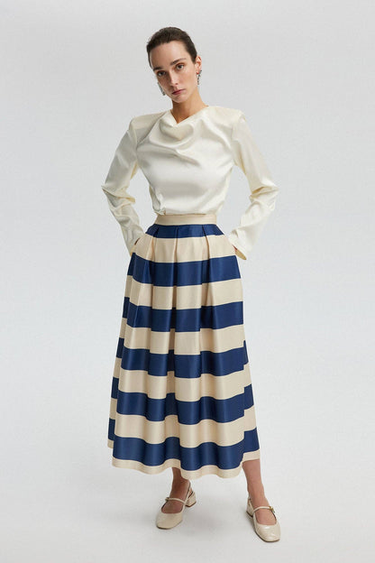 Striped Satin Flared Skirt - NAVY