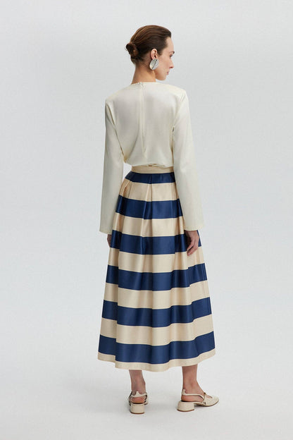 Striped Satin Flared Skirt - NAVY