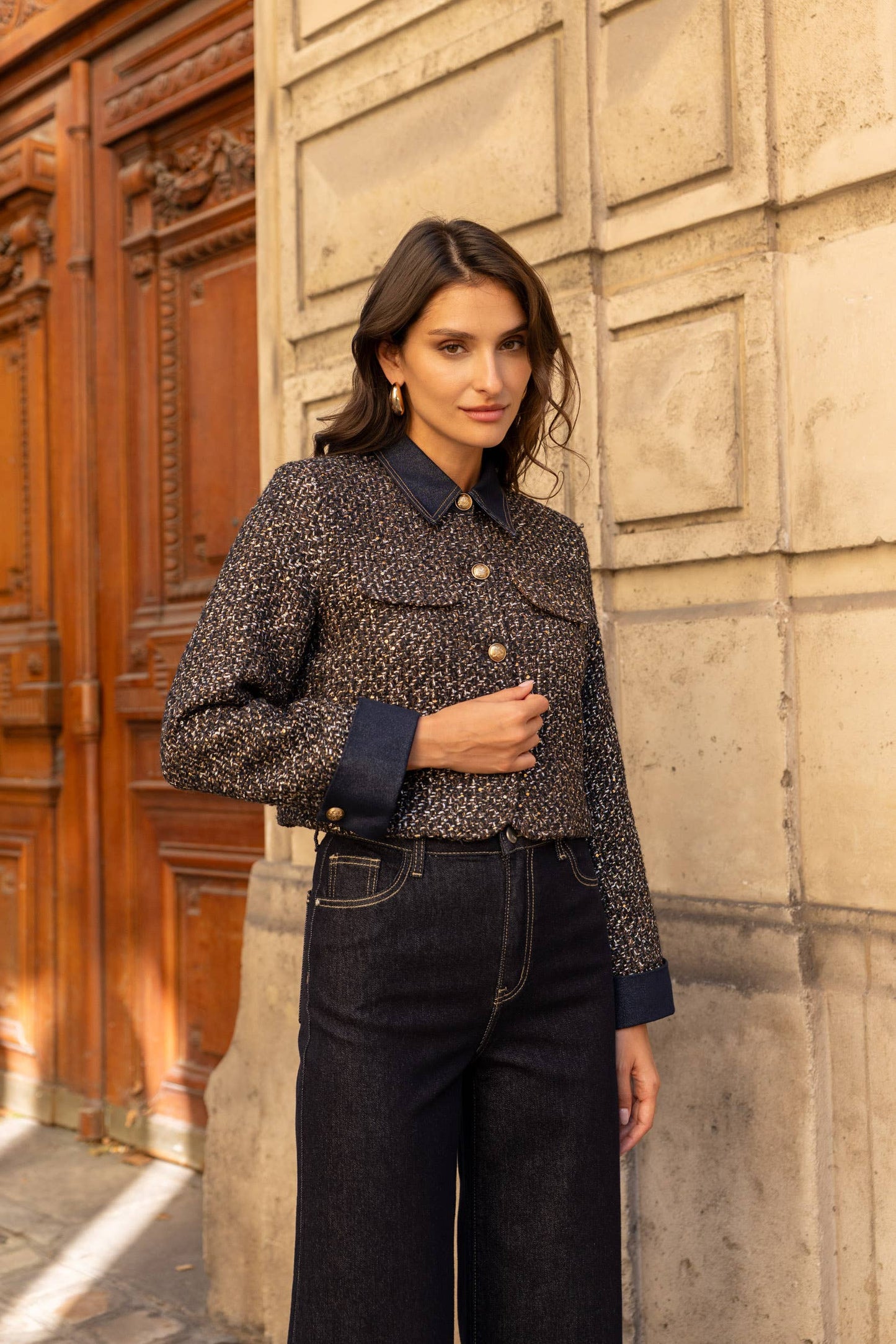 Tweed Jacket with Denim Detail